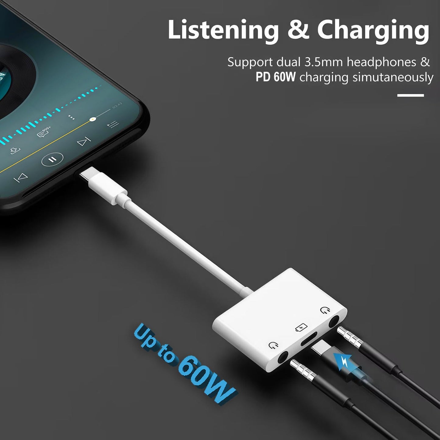 USB C to Dual 3.5mm iPhone Headphone Adapter, 3-in-1 USB C to 3.5mm Audio Adapter with PD 60W Fast Charging, Aux to USB C Dual Headphone Splitter