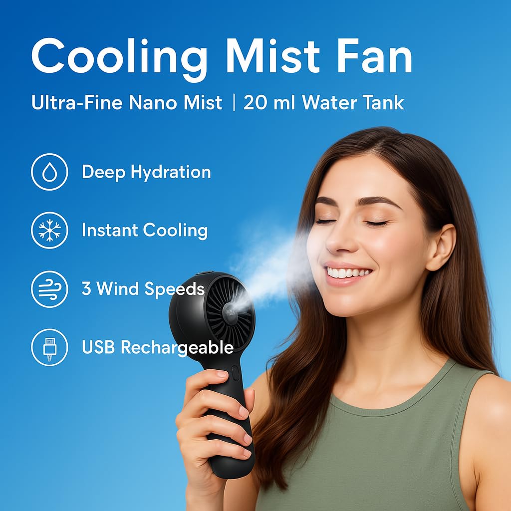 AISHUJIE Portable Handheld Fan, Misting Fans with USB Rechargeable, 3 Speed Personal Fan Handheld and Desktop, Perfect for Office, Home, School