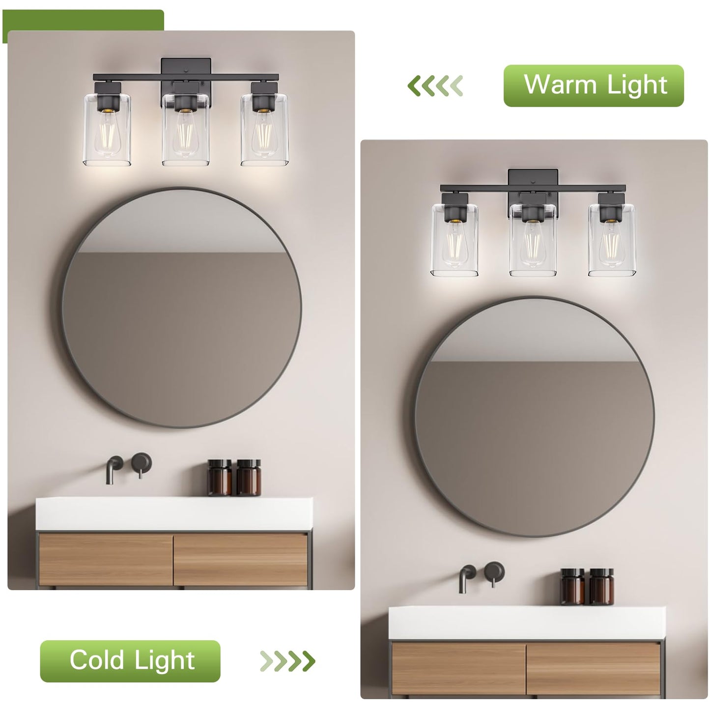 Espird Matte Black Bathroom Vanity Light, 3-Light Vanity Lighting fixtures Over Mirror, Square Design & UL Certification, Wall Sconces with Clear