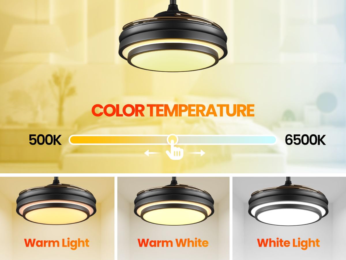 48 Inch Retractable Ceiling Fan with Lights and Remote,Black Fandelier Ceiling Fan with APP Control 6 Speed Dimmable LED Ceiling Fans Silent