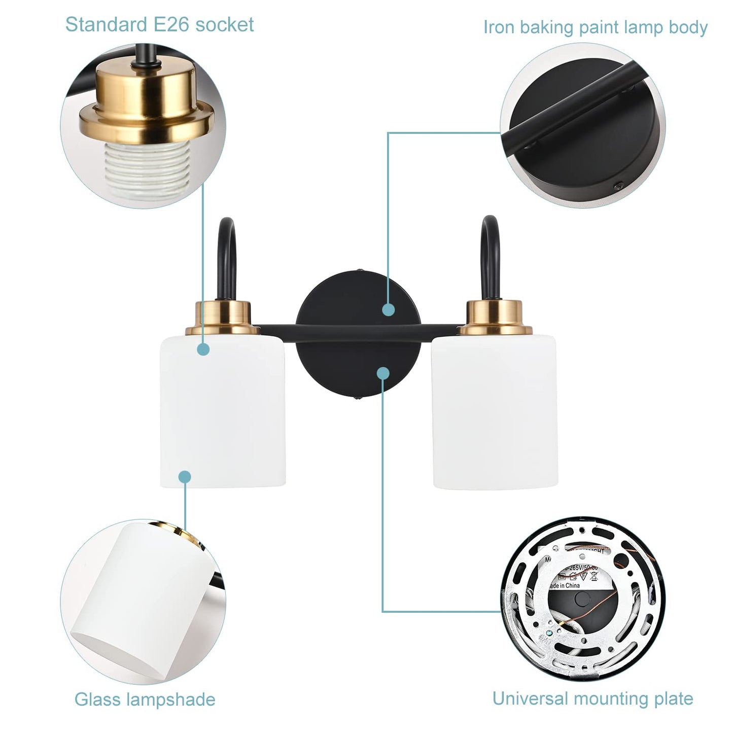 ZHUOER Modern Matte Black and Gold Bathroom Vanity Light Fixtures 2 Lights Milky Glass Wall Sconce Light Modern Vanity Lights Over Mirror(Exclude E26