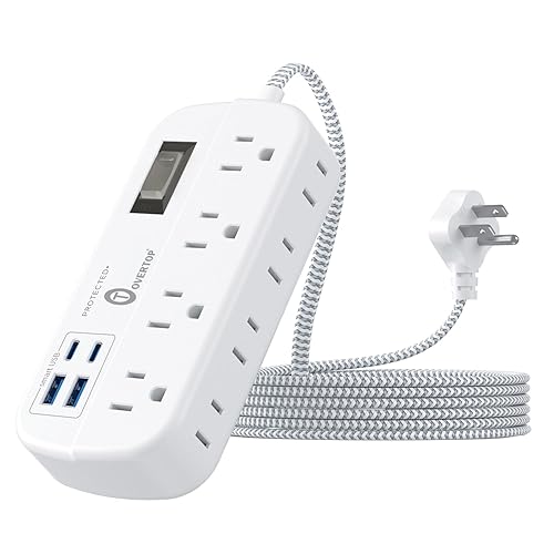 Overtop 12 in 1 Power Strip Surge Protector, 8 Outlets 4 USB (2 USB C Ports), Compact Wall Outlet Extender, Nightlight Flat Plug 5FT Extension Cord