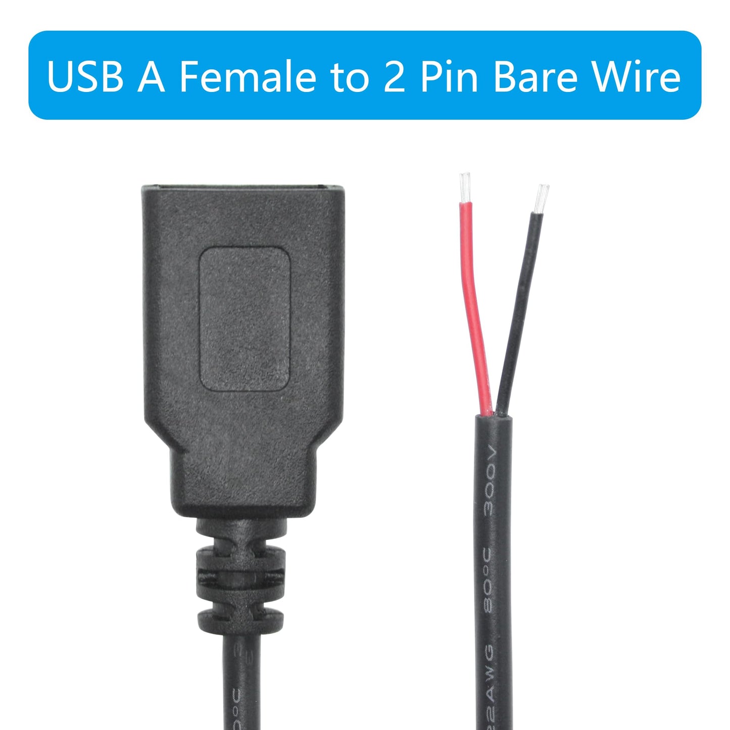 Maixbomr 2Pcs Short USB A Female 2 Pin Bare Wire 11inch, USB 5V/3A Pigtail Open End Power Cable, for USB Equipment Installed or Replace Repair DIY