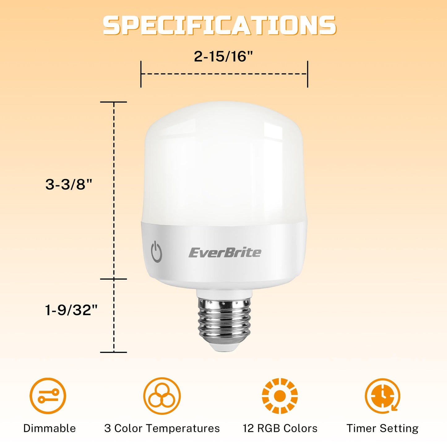 EverBrite E26 Rechargeable Light Bulbs, Remote & Touch Control, 2-Pack