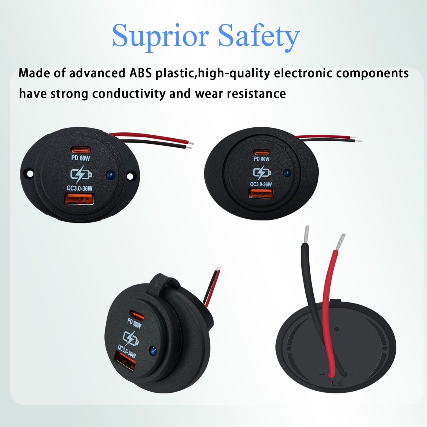 Dual USB Fast Charger Socket 12V 60W PD & QC3.0 Type-C USB-A Ports Car Boat Marine Power Adapter Blue LED
