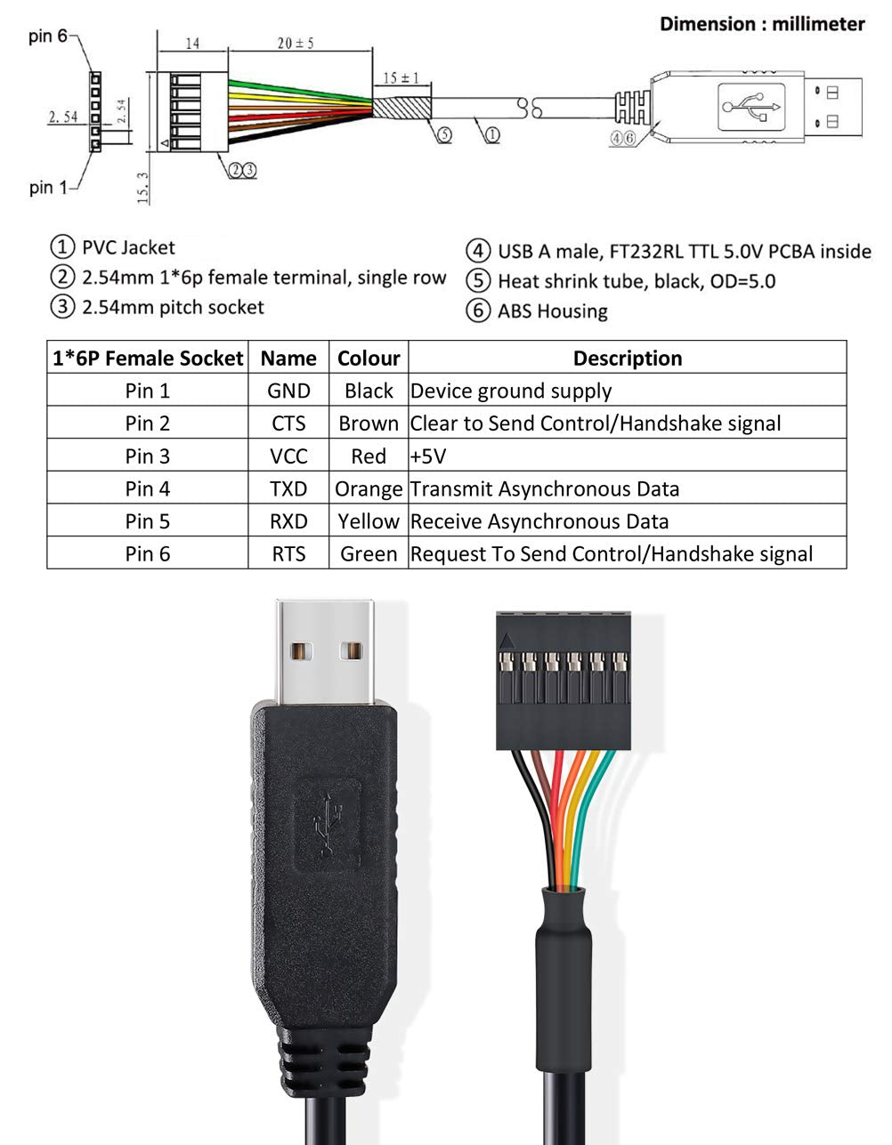 DTECH USB to TTL Serial 5V Adapter Cable with FTDI FT232RL Chip 6 Pin 0.1 inch Pitch Female Socket Header UART IC Windows 11 10 8 7 Linux MAC OS (6ft