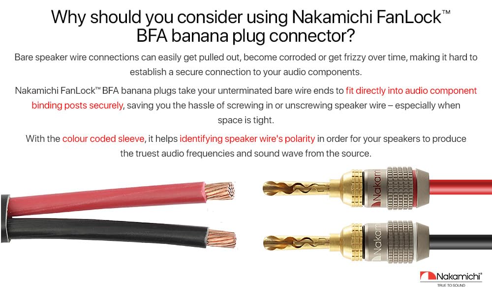 Nakamichi FanLock Excel Series 24k Gold Plated BFA Banana Plug 10 AWG - 18 AWG Gauge Size 4mm for Speakers Amplifier Hi-Fi Stereo Home Theatre Radio
