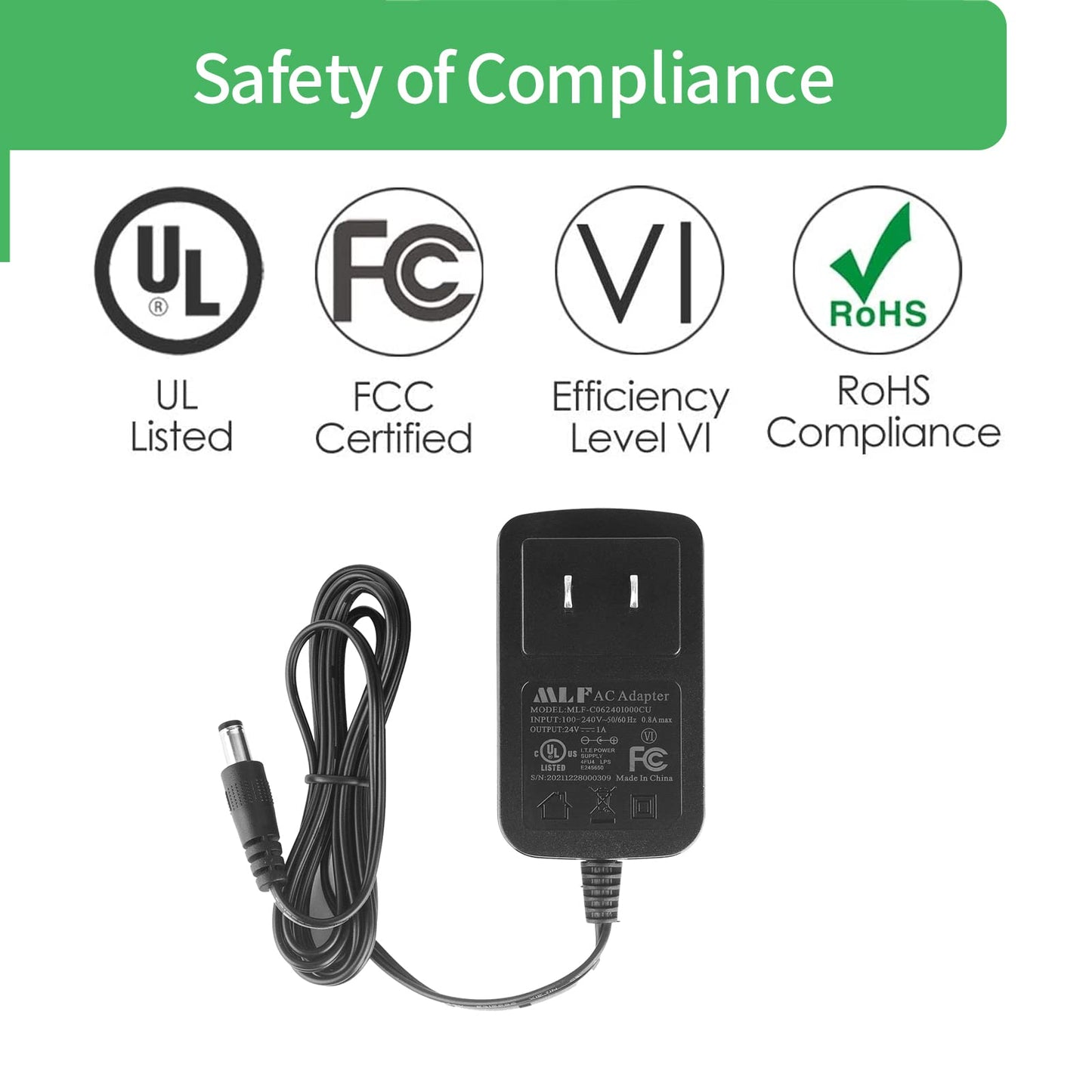 [UL Certified] AC to DC 24V 0.5A 500mA Power Supply Adapter, Plug 5.5mm x 2.1mm UL Listed FCC