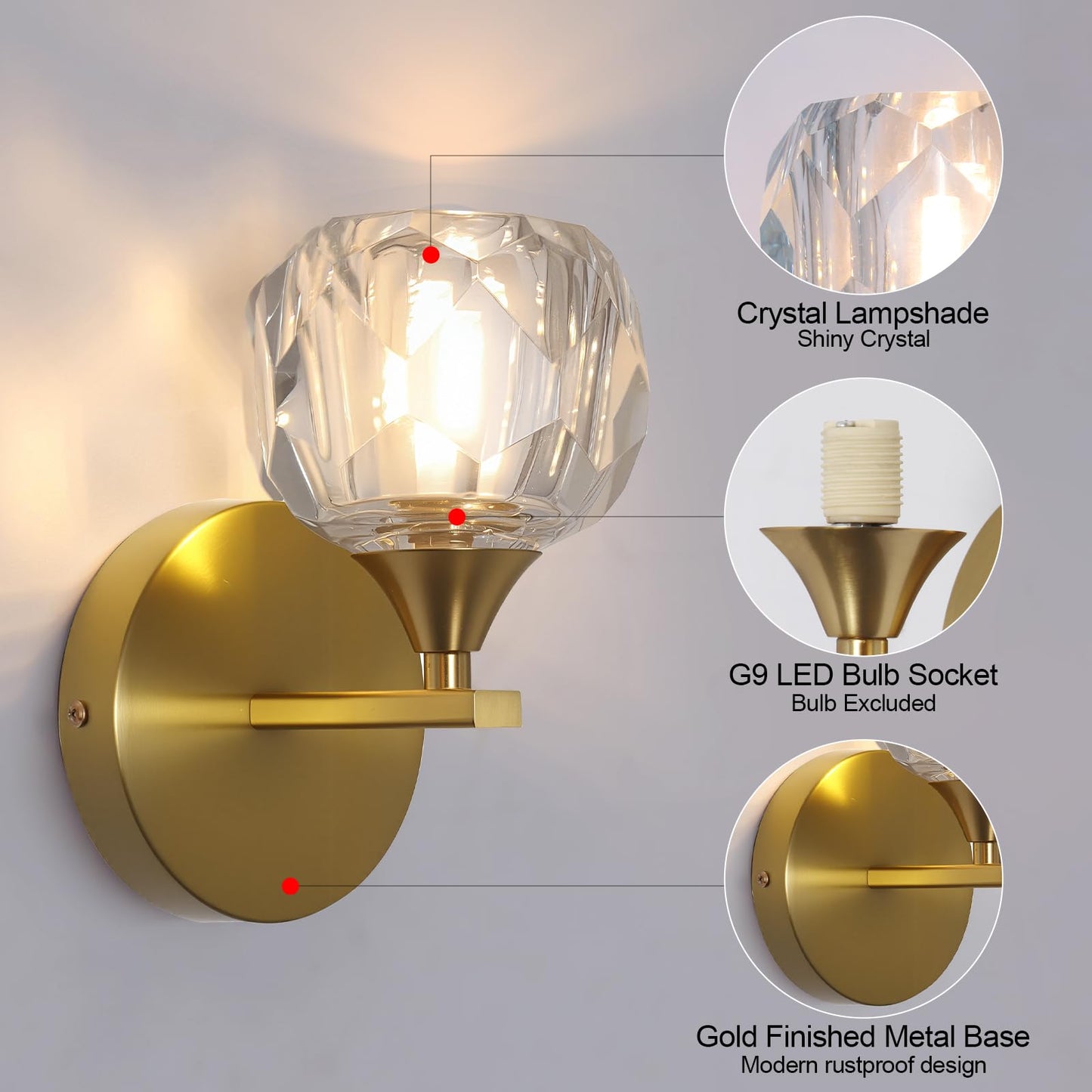 Bektas Set of 2 Wall Sconces for Bathroom, Modern Vanity Light Fixtures, Gold Wall Mount Lighting Lanterns, Wall Lights with Clear Glass Shade