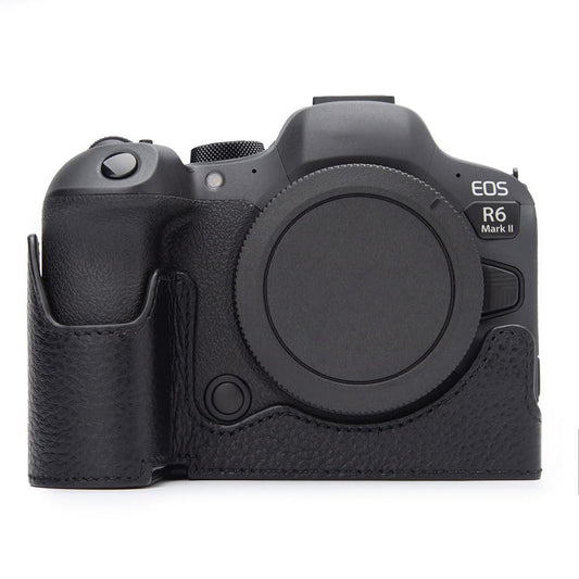 DBZZ R6II Vintage Genuine Leather Camera Case for Canon EOS R6 Mark II Handmade Half-Wrap Camera Protector Cover (Black)