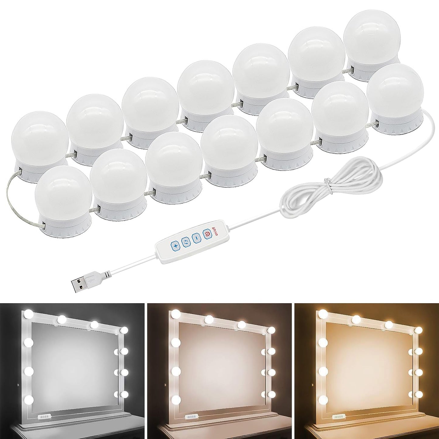 Pretmess LED Vanity Mirror Lights, Hollywood Style With 14 Dimmable Bulbs, Adjustable Color & Brightness, USB Cable, Stick-on for Makeup Table