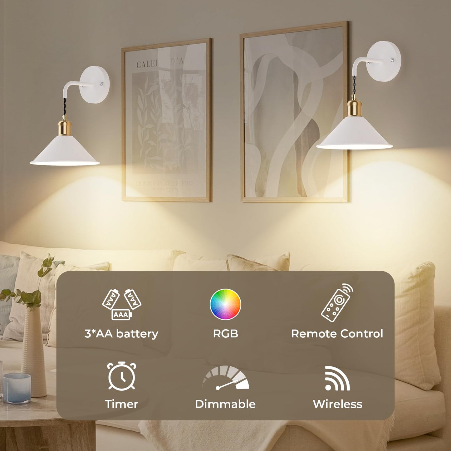 Eclipterra Battery Operated Wall Sconce Set of 2, Dimmable Wireless RGB Wall Sconce Decor with Remote Indoor Cordless Wall Lamp Lighting for Bedroom