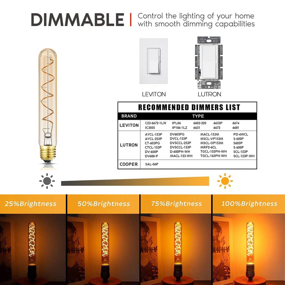 Leools Dimmable T10 LED Bulbs, Warm White 2200K Amber, 7.3inch Long Tubular Light Bulb, 40 Watt Vintage Edison LED Filament Bulb,400lm,E26 Base Led