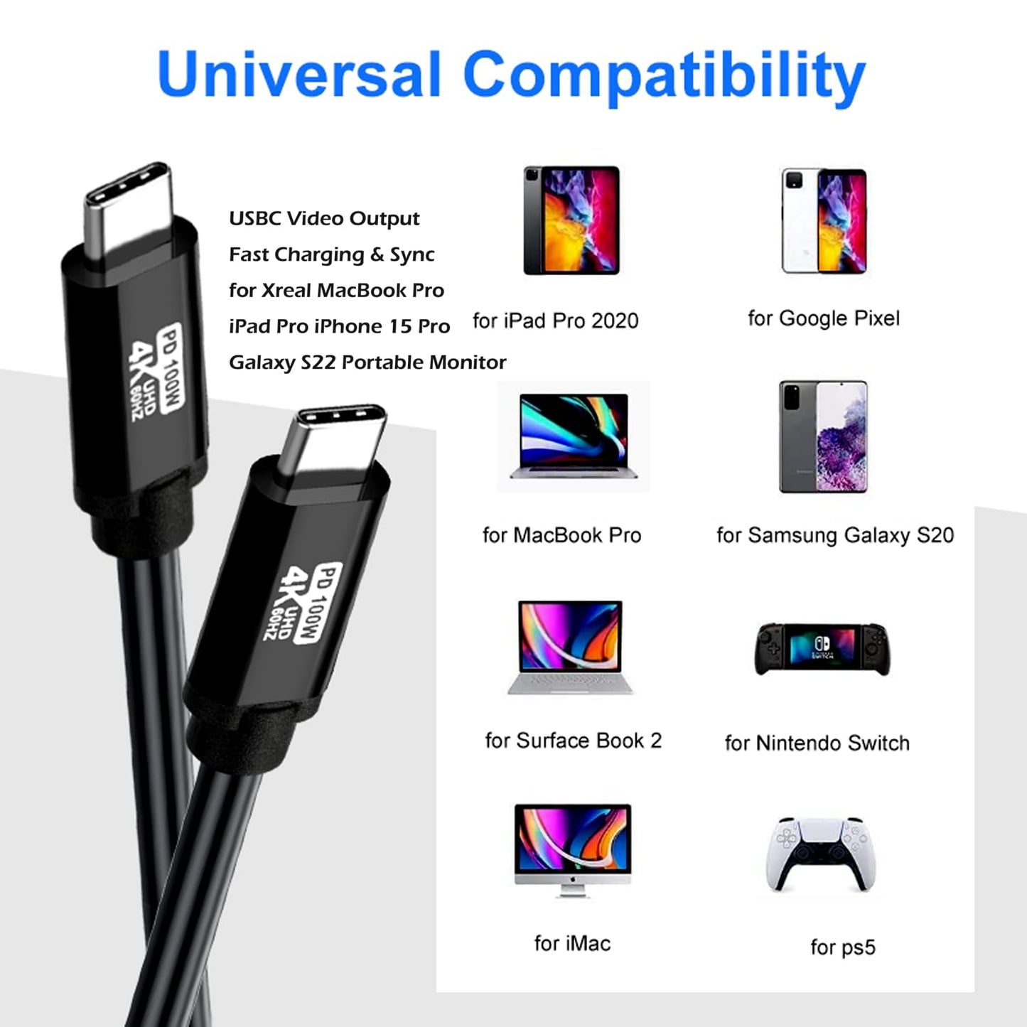 YOTETION USB C to C Cable 25FT,100W 4K60HZ Type C GEN2x2(Data usb3.1),USB C Video Output from USB3.2/ USB4.0 Fast Charging & Sync for Xreal MacBook