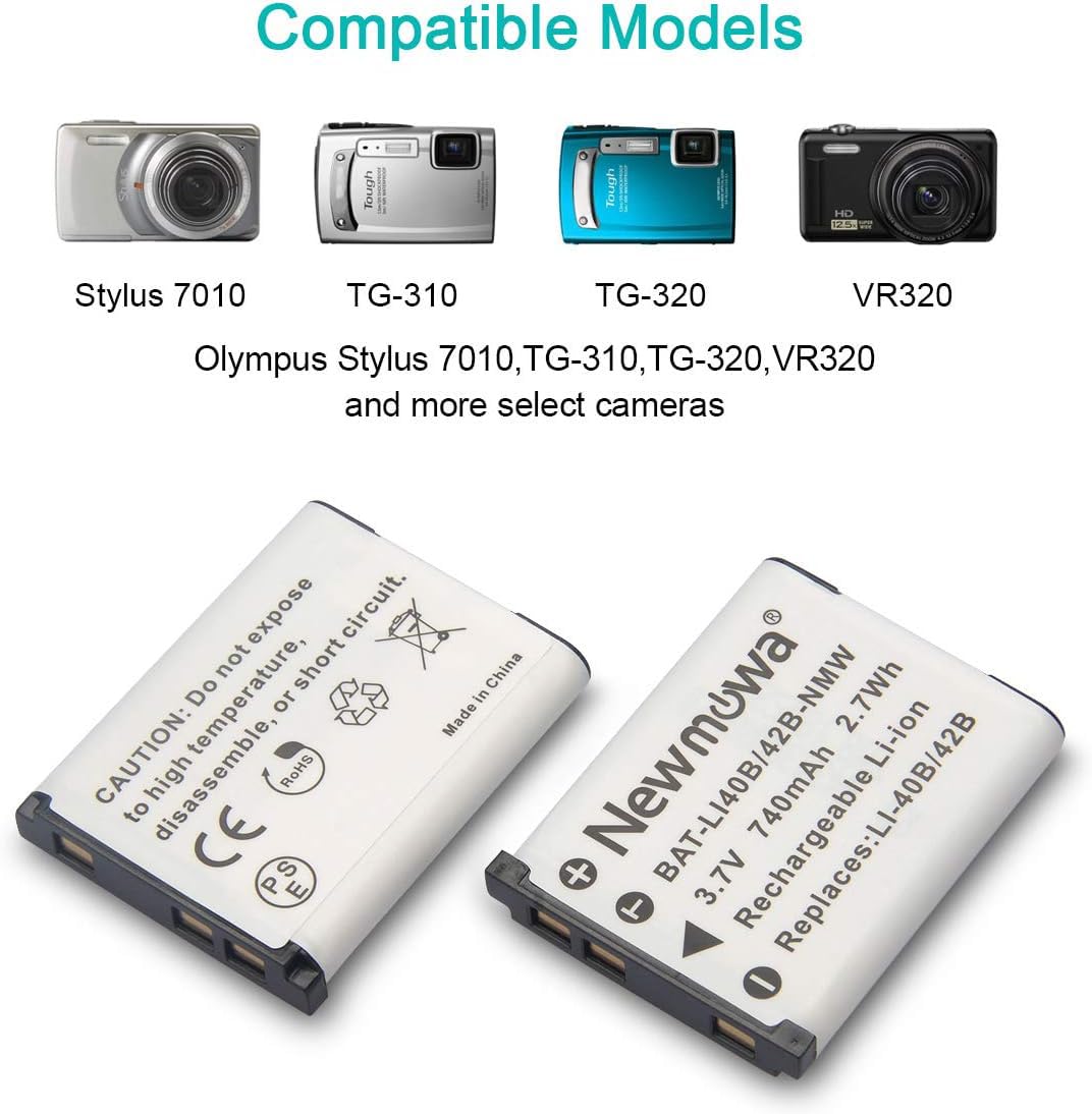Newmowa Li-42B Replacement Battery (2 Pack) and Dual USB Charger Kit for Olympus Li-42B/Li-40B,Fujifilm NP-45S and Olympus Stylus 1040 1060 1070 7000