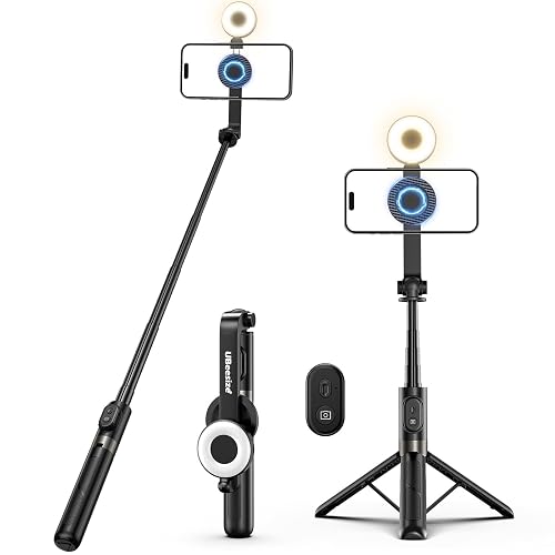 UBeesize Magnetic Selfie Stick Tripod with Dimmable Light and Rechargeable Remote, Portable Travel Phone Tripod Stand for MagSafe and Android Phones
