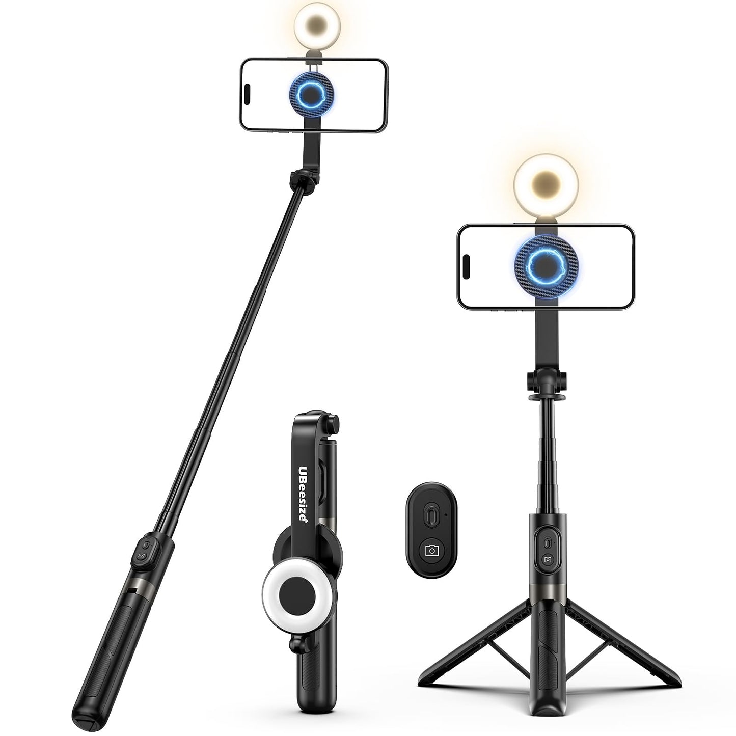 UBeesize Magnetic Selfie Stick Tripod with Dimmable Light and Rechargeable Remote, Portable Travel Phone Tripod Stand for MagSafe and Android Phones