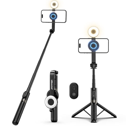 UBeesize Magnetic Selfie Stick Tripod with Dimmable Light and Rechargeable Remote, Portable Travel Phone Tripod Stand for MagSafe and Android Phones