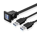 TNP Dual USB 3.0 Flush Mount Cable w/Buckle (Square)- Dashboard Panel Dash Mount 2 Ports Dual USB Socket Plug Jack Connector Extension Wire Cord Water
