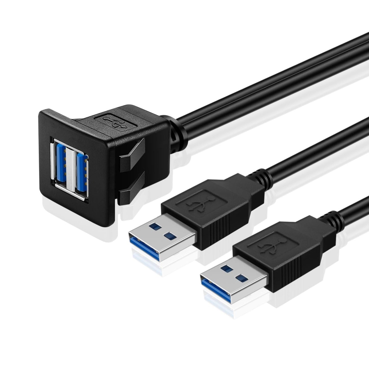 TNP Dual USB 3.0 Flush Mount Cable w/Buckle (Square)- Dashboard Panel Dash Mount 2 Ports Dual USB Socket Plug Jack Connector Extension Wire Cord Water