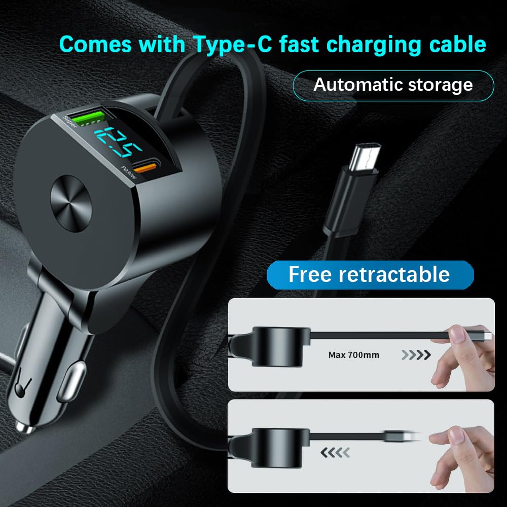Alanph 75W 3-in-1 Car Charger Adapter with Voltage Detection, Super Fast Charging with Cable PD30W Retractable Cable for iPhone/Samsung/Android/iPad