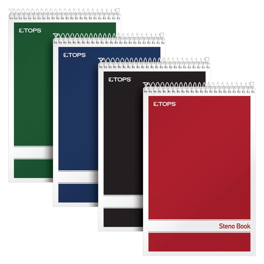 TOPS Steno Pads 4 Pack, 6" x 9" Spiral Steno Notebooks, Gregg Rule for lists, 80 Sheets Each, White Paper, Assorted Covers, Take Notes for School