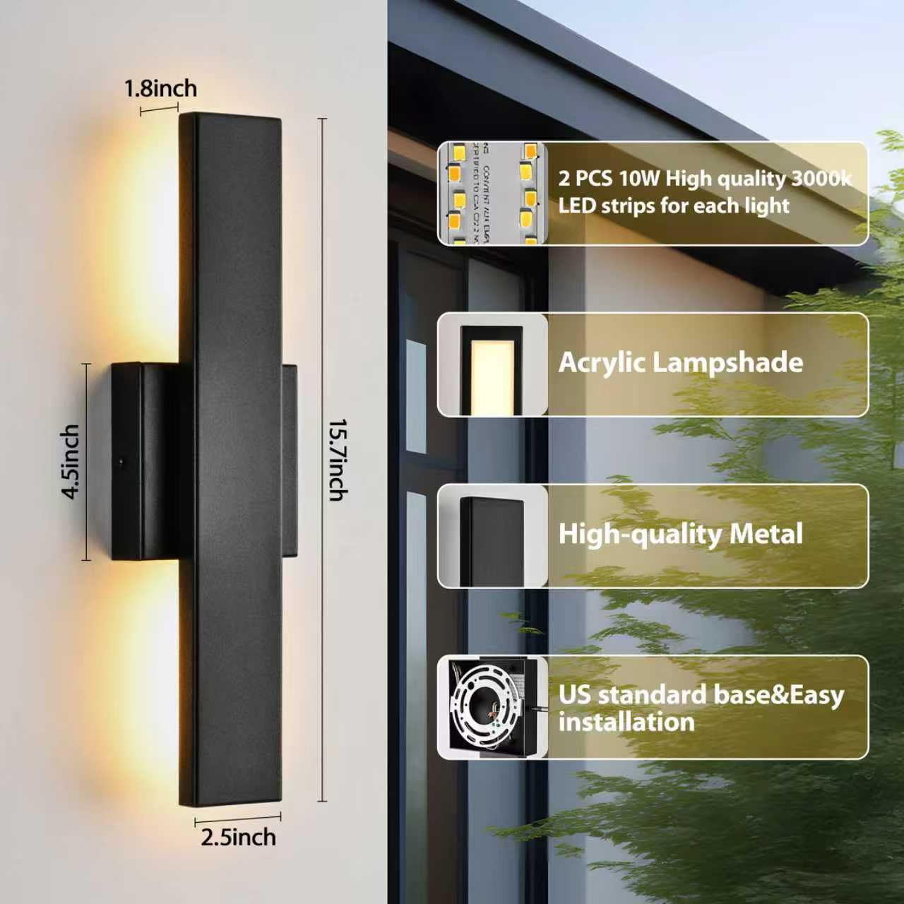 VINYAO 2 Pack 15.7” 20W Modern Linear LED Outdoor Wall Light Exterior Lighting Fixtures,Matte Black?for Porch, Patio, Garage, Exterior Doors, Patio