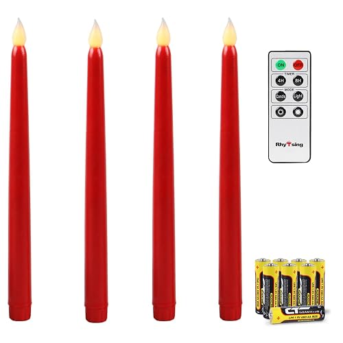 Rhytsing Red 10.8" Flameless Taper Candles with Timer, Battery Operated Candles with Remote, Smooth Wax Finish, Warm White LED, 8 Batteries Included