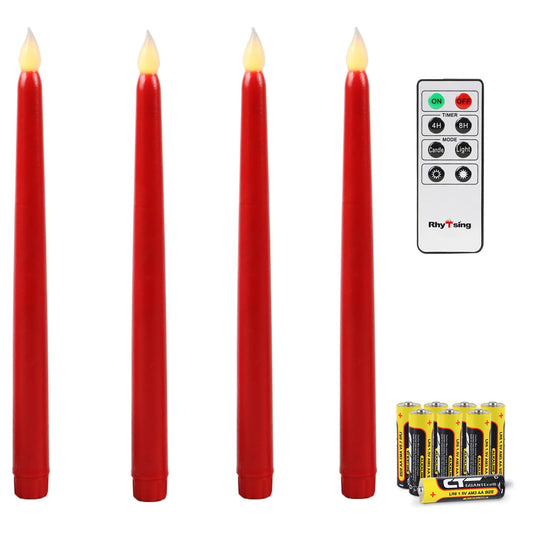 Rhytsing Red 10.8" Flameless Taper Candles with Timer, Battery Operated Candles with Remote, Smooth Wax Finish, Warm White LED, 8 Batteries Included