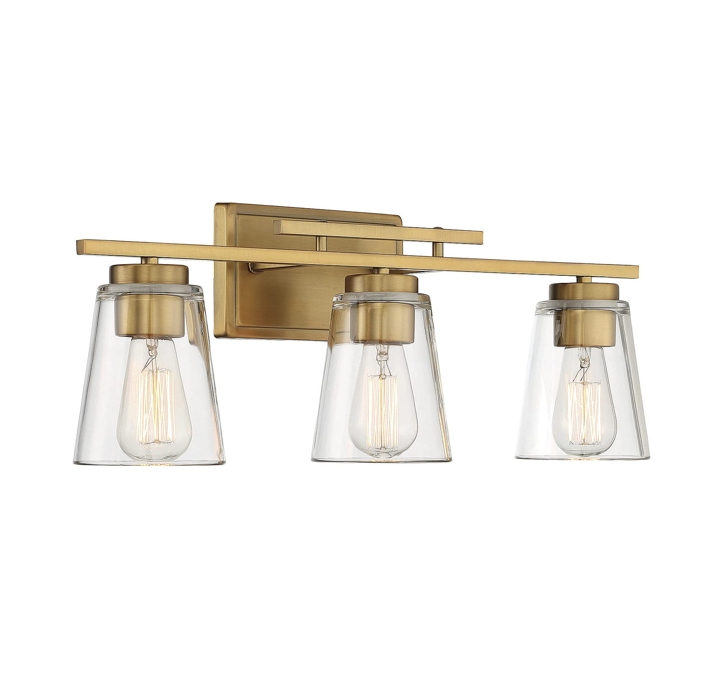 Savoy Essentials 8-1020-3-322 Calhoun Modern Clear Glass Bathroom Vanity Wall Light, 3-Light 180 Total Watts, 9" H x 24" W, Warm Brass