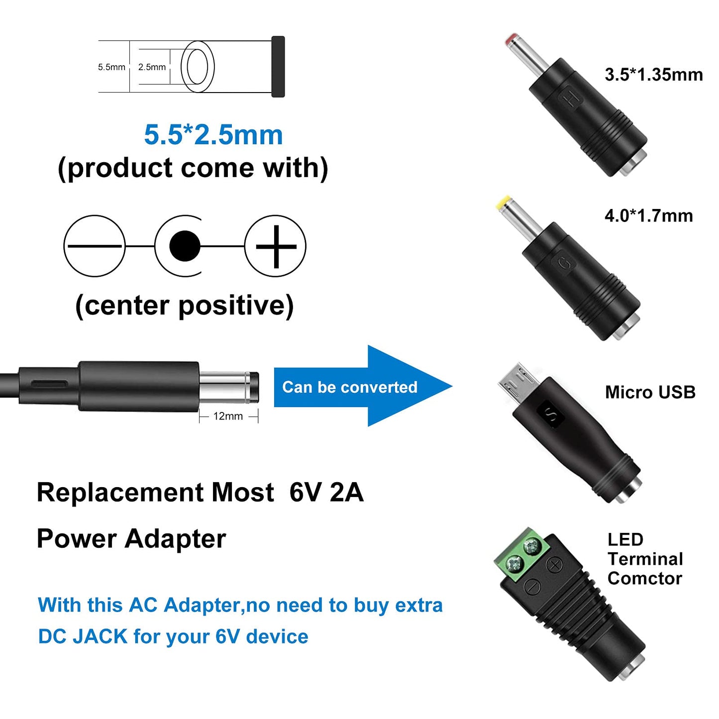 TTODDE UL DC 6V 2A Power Supply Adapter 6Volt Power Adapter Charger DC in 6V Power Cord 100mA 300mA 400mA 500mA 600mA 700mA 800mA 900mA 1000mA 1500mA…