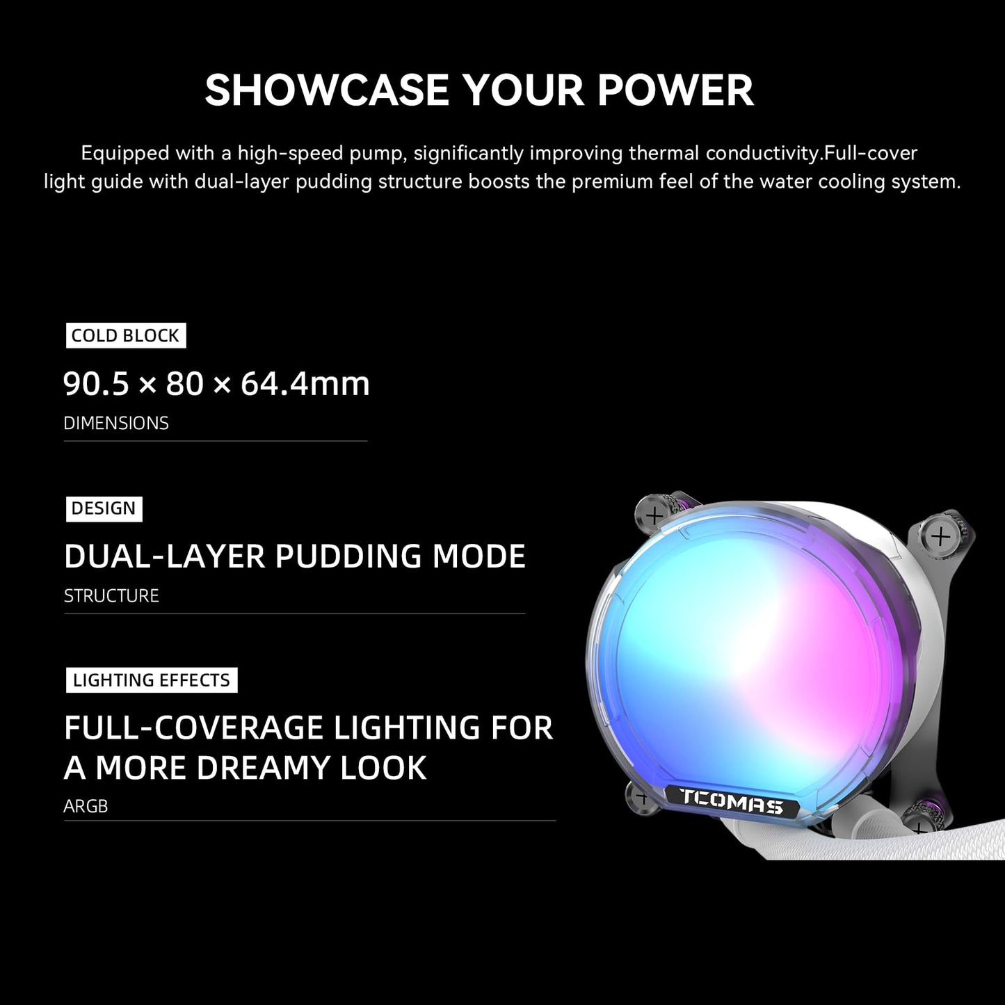 TCOMAS LE100 360mm AIO Liquid CPU Cooler - ARGB Full-Cover Lighting, FOC 3-Phase Pump, 2500RPM PWM Fans, 81.8CFM Airflow, 3.2mmAq Pressure - Intel