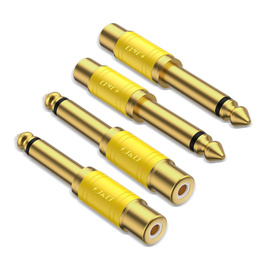 J&D RCA to 1/4 Audio Adapter 4-Pack, 6.35mm Mono Plug Male to RCA Female Connector, Gold-Plated Guitar Connectors, Yellow