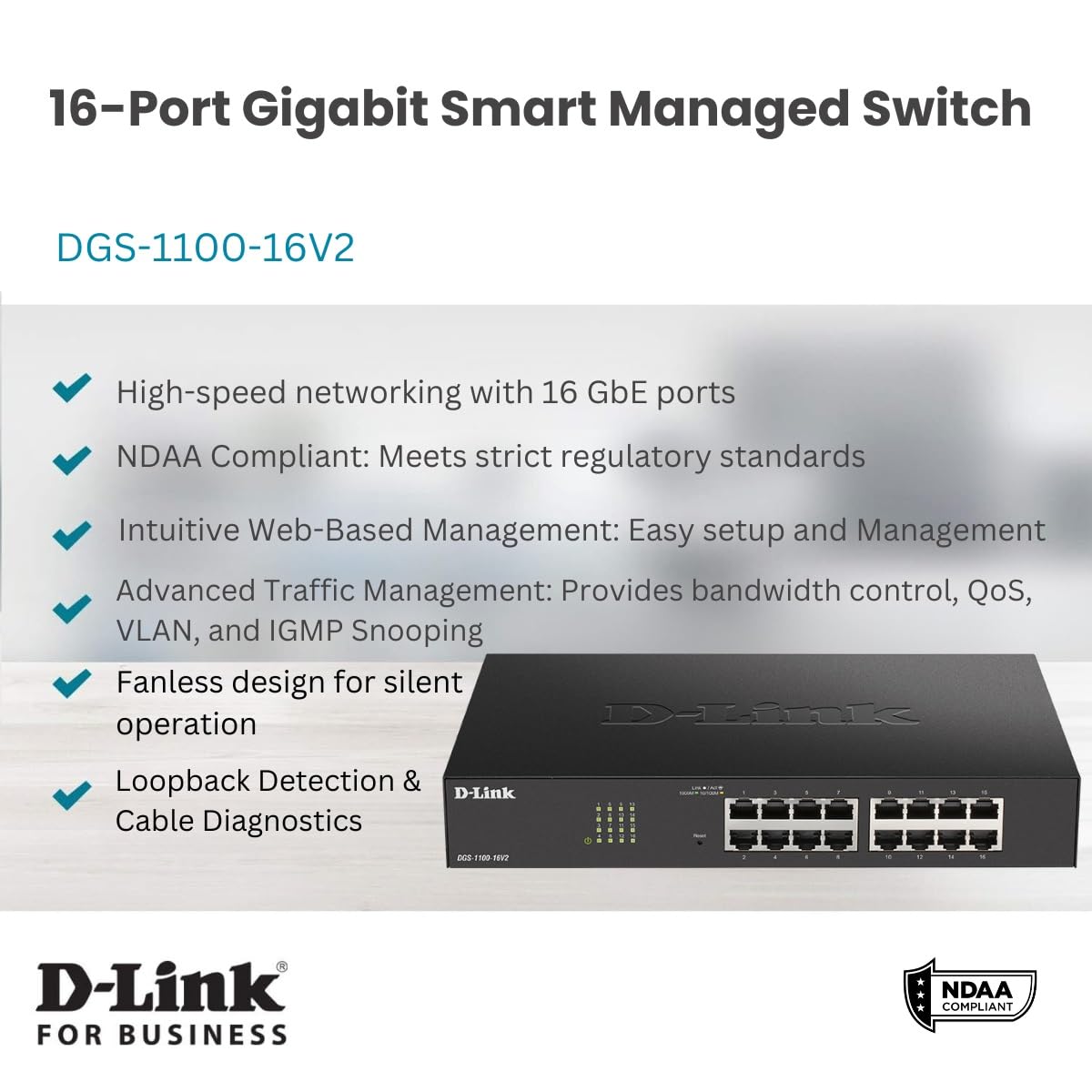 D-Link Ethernet Switch, 16 Port Easy Smart Managed Gigabit Network Internet Desktop (DGS-1100-16V2)