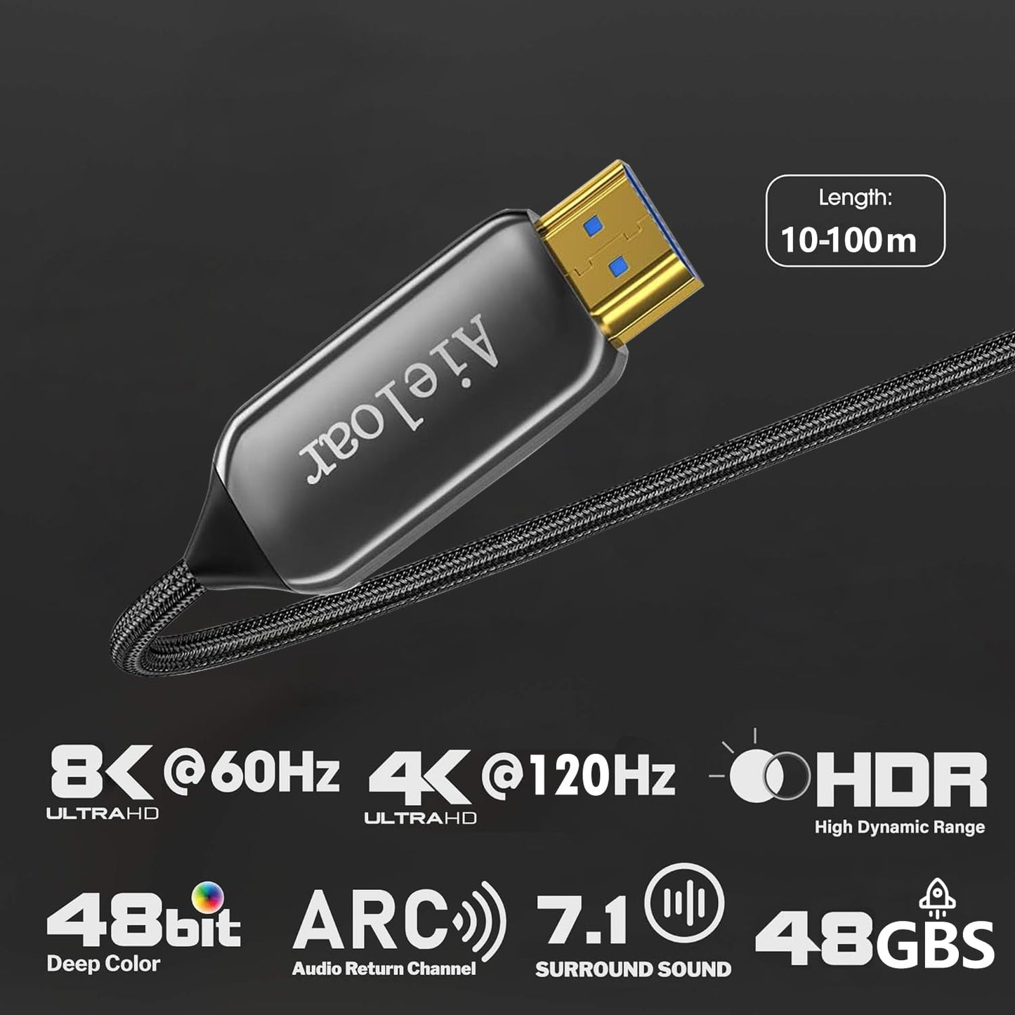 Aieloar Fiber Optic HDMI 2.1 Cable 100ft, 8K HDMI Cable 60Hz Support with Ultra High Speed 48Gbps,4K@120Hz,Dynamic HDR10,eARC,HDCP2.2