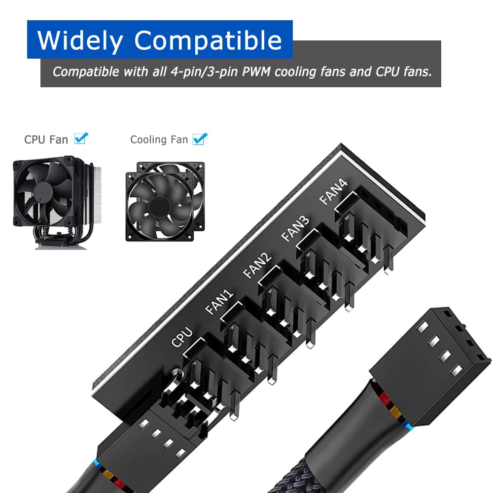 SANTACIN 2 Pack PWM Fan Hub Splitter 1 to 5 Way PC Case Internal Motherboard Fan Power Extension Cable Cord Wire for ATX Computer Case 4-Pin and 3-Pin