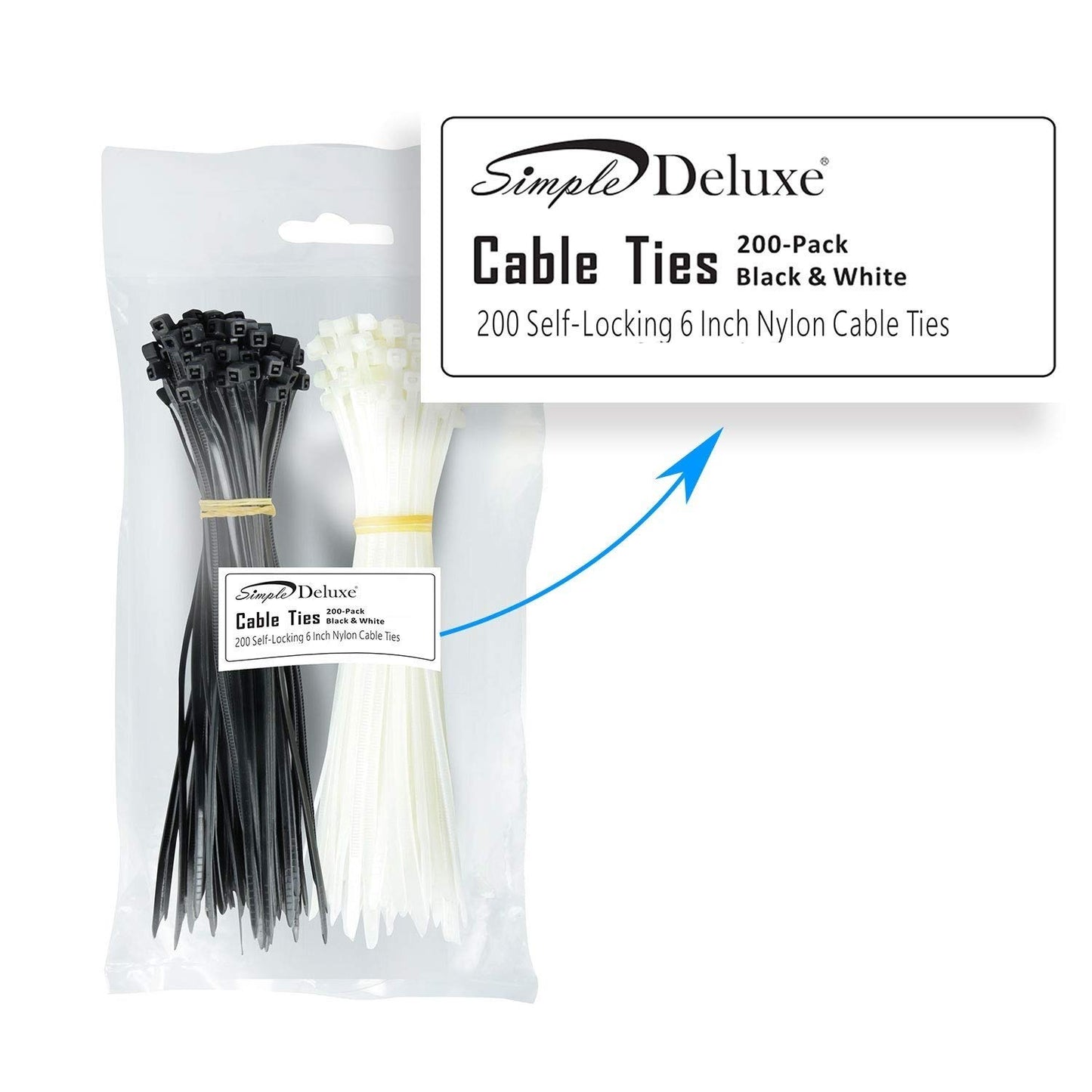 Simple Deluxe HICBLETIE6 200-Pack 6 Inch Self-Locking Versatile Nylon Cable Wire Zip Ties in Black & White, 6inch 200pcs