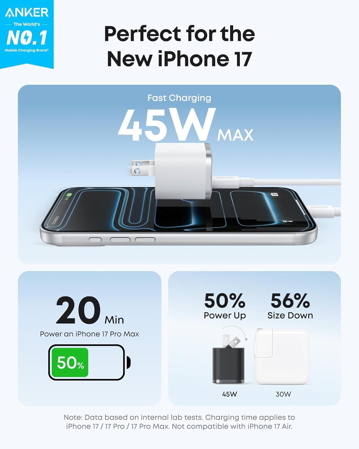 Anker iPhone Charger Fast Charging, 45W Type C Charger with 6 FT Fast Charging Cable, Compact and Foldable Plug USB C Charger Block for iPhone 17