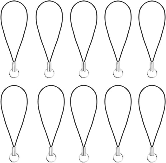 Fansoftiks 10Pcs Silver Tone Black Lanyard Strap,Split Ring Cell Phone Charm and Clasp for Phone,MP3,USB Flash Drive,Keys,Multi-Device Durable Cord