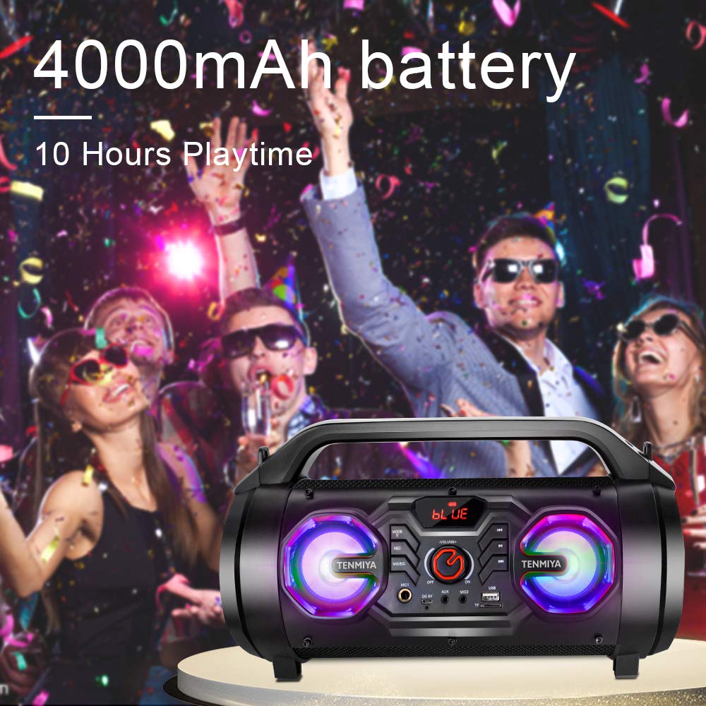Portable Bluetooth Speaker with Subwoofer, Wireless Speakers with Booming Bass, FM Radio, RGB Lights, EQ, Stereo Sound, 10H Playtime, 30W Loud Speaker