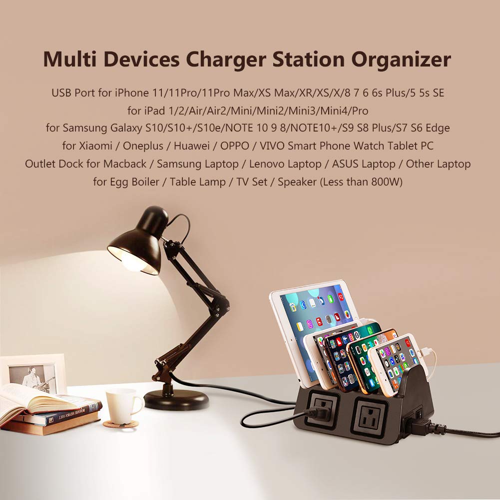 UDOLI 5 USB Ports Charging Station Organizer for Multiple Devices Fast Charging Desktop Stand for Apple Android Phone Tablet 1600W 2 AC Power Outlets