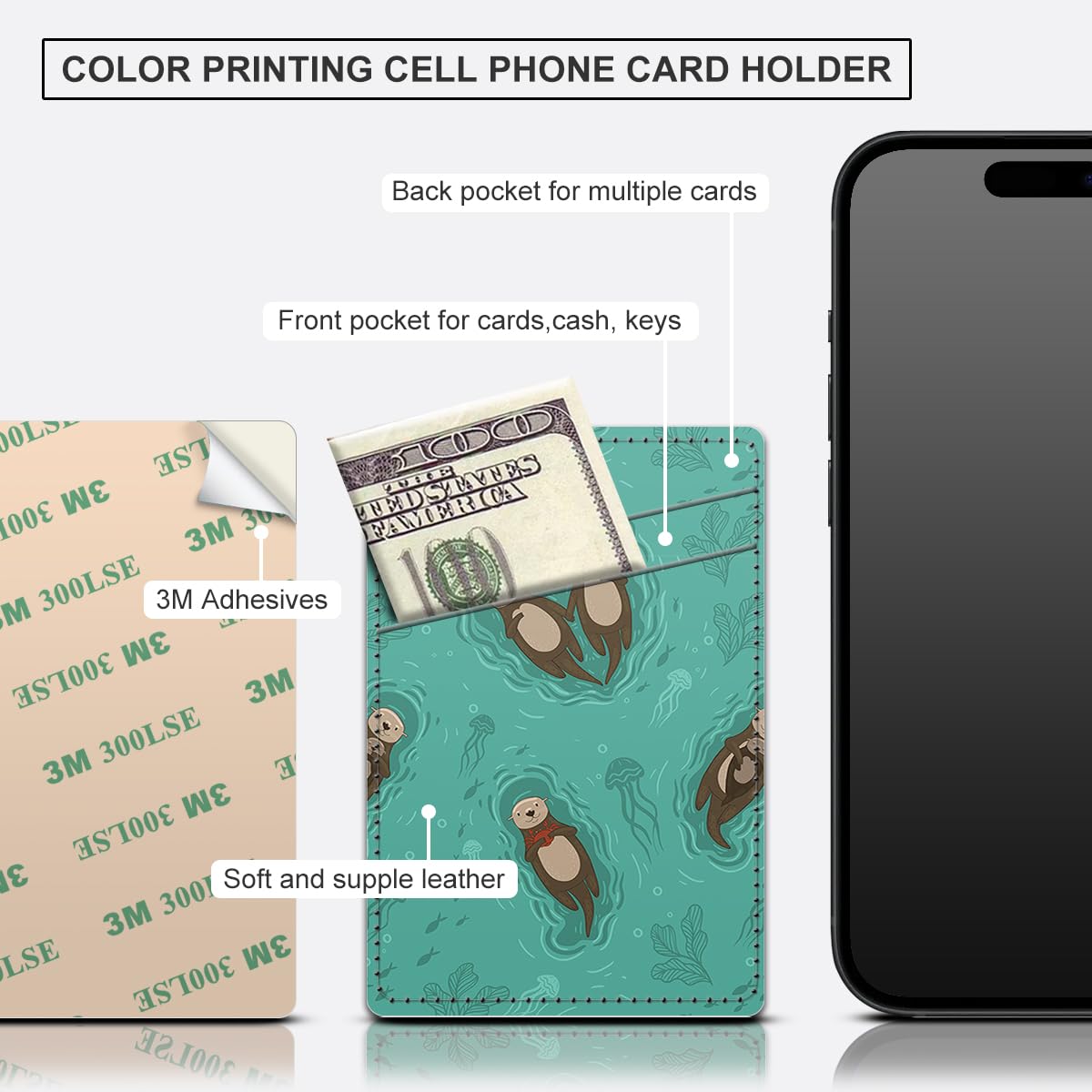 Aeltrp Card Holder for Phone Case, Phone Card Holder Leather, Dual Pocket Phone Wallet Stick On for iPhone, Android Cell Phone - Cute