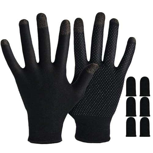 Gaming Gloves for Sweaty Hands - Rakizbe High-Sensitive Anti-Sweat Breathable Seamless Touch Screen Gloves with Thumb Finger Sleeves for iPad/Mobile