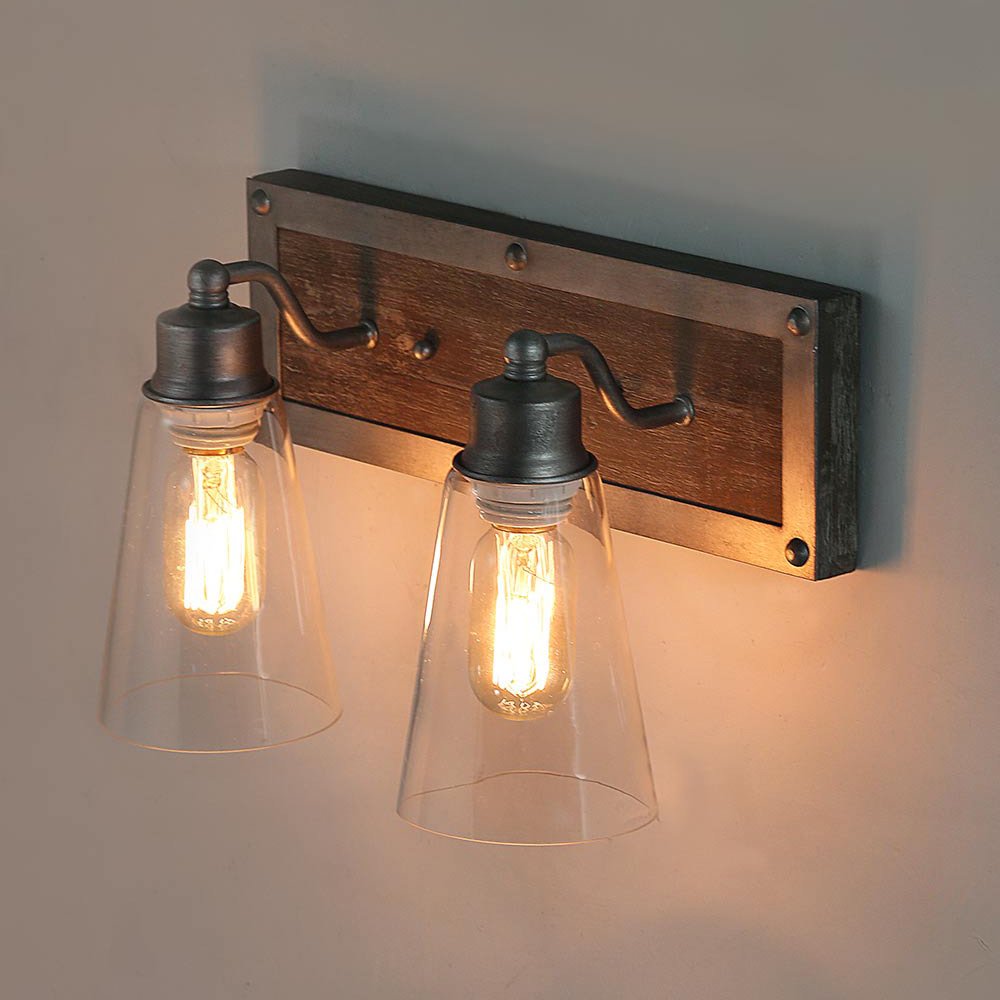 LOG BARN 2 Lights Bathroom Lighting in Real Distressed Wood and Brushed Antique Silver Finish with Cone Clear Glass Shades, 14.1" Vanity Light Fixture