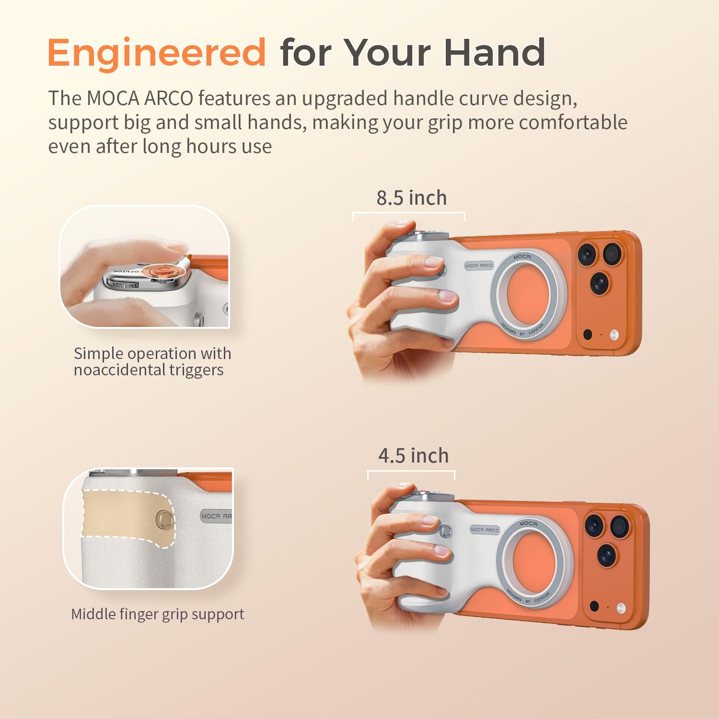 COMITOK Phone Camera Grip MOCA ARCO for Video Recording with Thumb Rest Area Design for iPhone Pro Max, with Enhanced Phone Mount & Detachable Remote