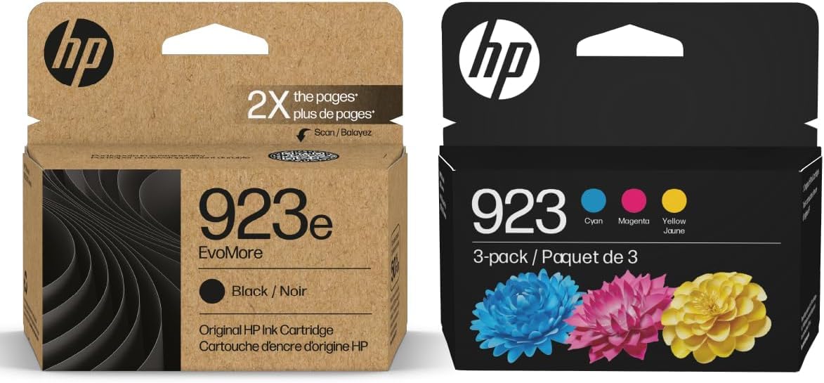 HP Original 923e EvoMore Black / 923 Tri-Color Ink Cartridges (2-Pack) | Works with Printer Series: OfficeJet 8120, OfficeJet Pro 8130 | Carbon