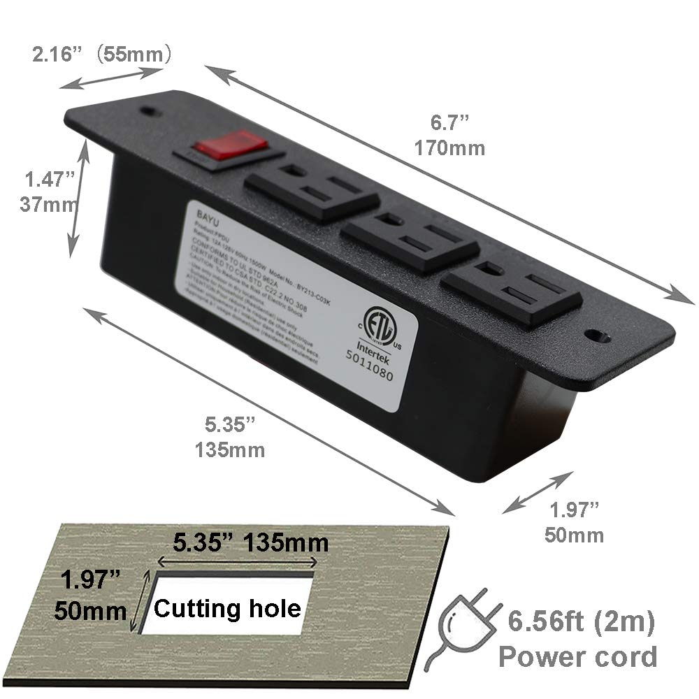 Recessed Power Strip Countertop Power Grommet Desk Mountable Power Strip Behind Drawer Outlets for Cabinet Sofa Shelf UL/ETL Certificated Black