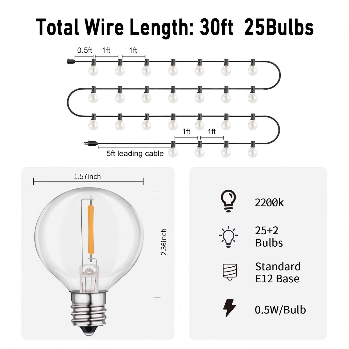 LED 30FT Outdoor String Lights with Remote Waterproof Patio Lights Dimmable 27 Shatterproof G40 Bulbs, Globe String Lights Decorative Balcony Bistro
