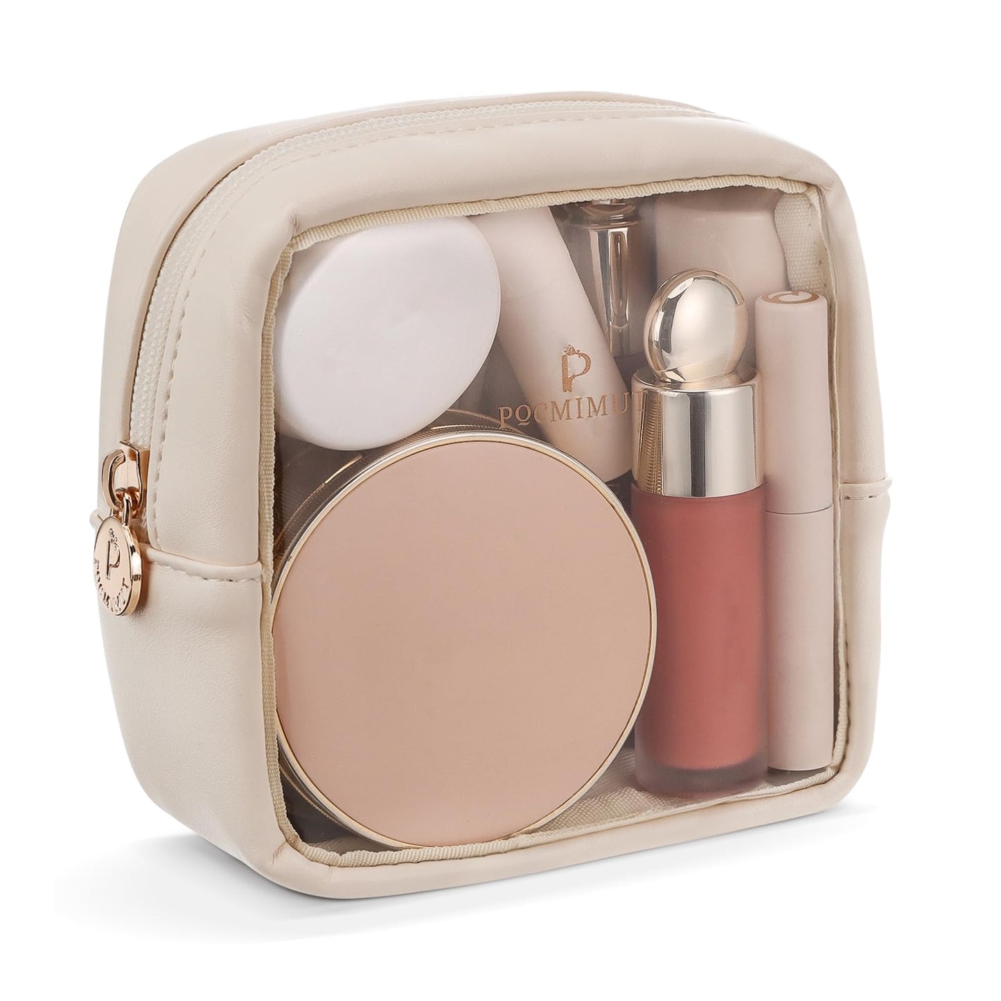 Pocmimut Mini Makeup Bag – Clear Travel Cosmetic Pouch, Toiletry Organizer for Women, Cute Purse & Car Accessories, Beige