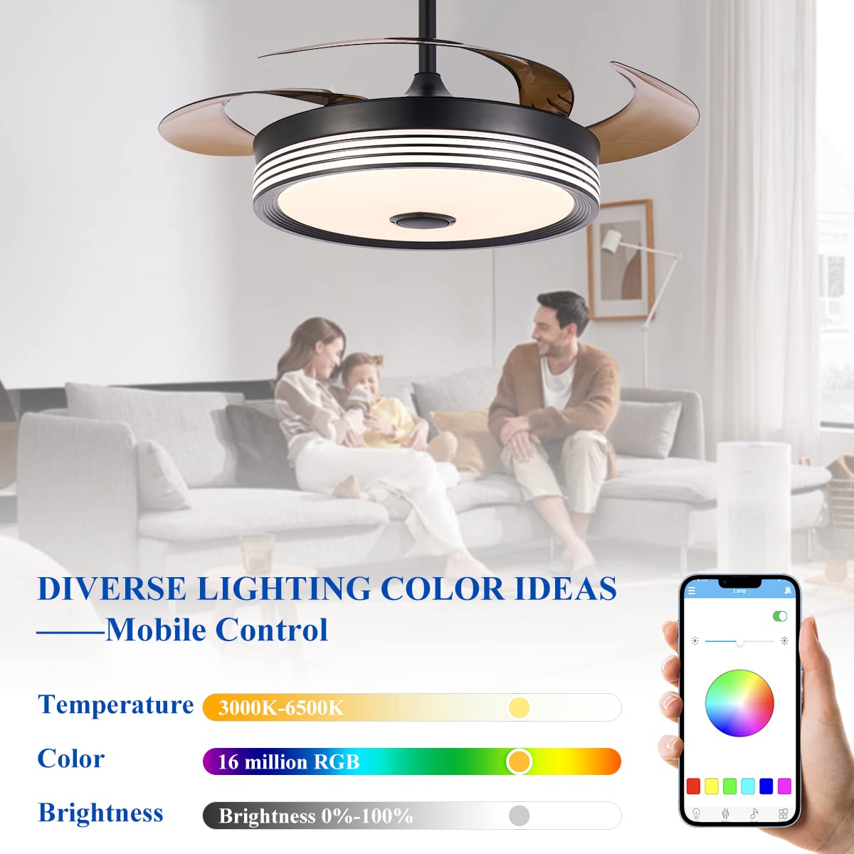42 inch Modern Retractable Ceiling Fan with Lights and Remote Control, 6Speed Dimmable Fandelier, Smart Ceiling Fan Light with Bluetooth Speaker, RGB